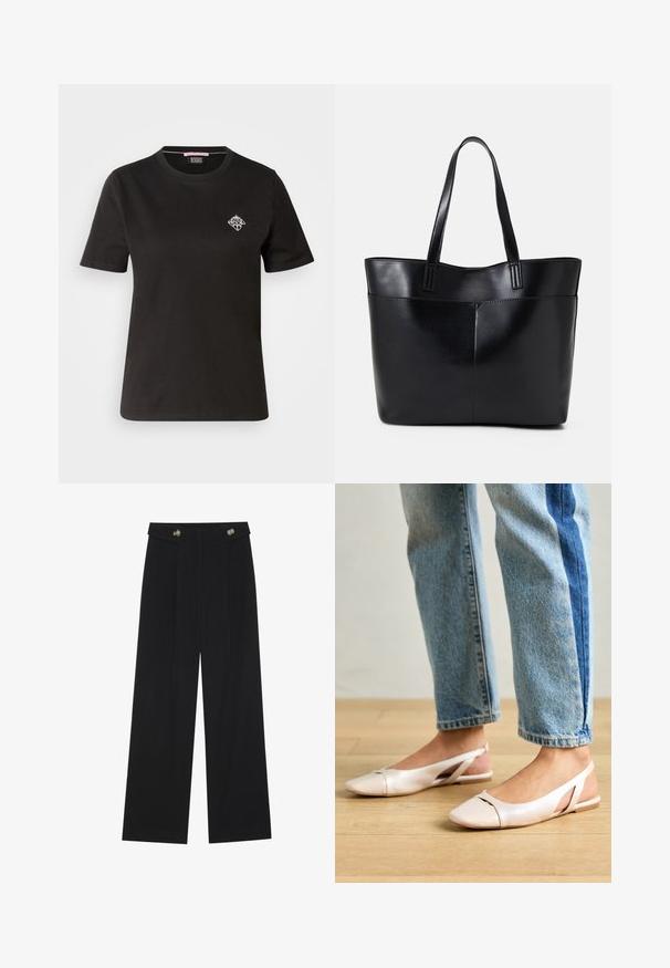 T-shirt in cotone nero con scollatura rotonda, maniche corte e un piccolo design grafico bianco sulla parte sinistra del petto.; Pantaloni neri a gamba larga con vita alta, dettagli con bottoni in vita e pieghe frontali.; Ballerine slingback rosa pallido con punta affusolata, realizzate in un materiale simile alla pelle liscio. Presentano dettagli a taglio sui lati e un tacco piatto.; Borsa a tracolla in pelle nera con due manici lunghi, una texture liscia e una forma strutturata. Presenta una tasca frontale per ulteriore spazio di archiviazione.
