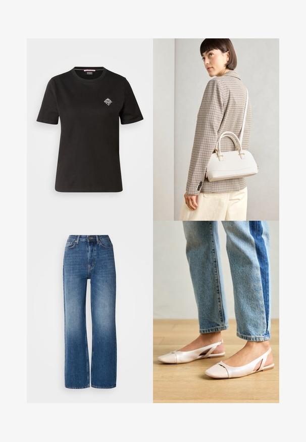 T-shirt de algodão preto com decote redondo, mangas curtas e uma pequena estampa branca na área do peito esquerdo.; Jeans de ganga azul de cintura alta e pernas largas com um efeito de lavagem em gradiente, costuras cobre, fecho frontal com botão e cinco bolsos.; Sapatilhas slingback de cor rosa pálido com bico fino, feitas de um material semelhante a couro liso. Apresentam detalhes recortados nas laterais e um salto plano.; Bolsa estruturada branca com alças curtas e uma alça de ombro, com detalhes em hardware dourado e material texturizado, exibida contra um fundo cinza.