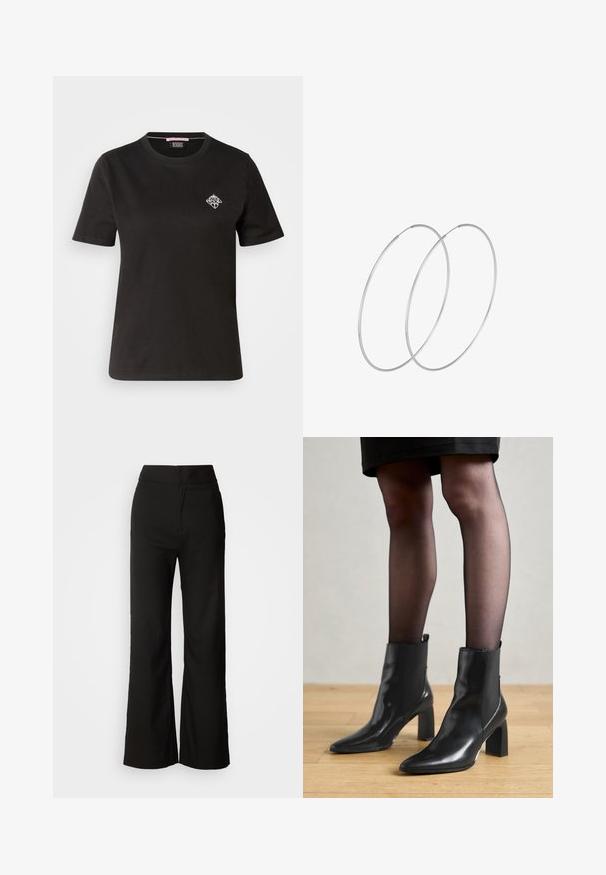 Czarny bawełniany t-shirt z okrągłym dekoltem, krótkimi rękawami i małym białym wzorem graficznym po lewej stronie klatki piersiowej.; Czarne spodnie z szerokimi nogawkami o gładkiej fakturze, wysokim stanie i minimalistycznym designie. Brak widocznych kieszeni i zdobień.; Czarne skórzane botki za kostkę z ostro zakończonym noskiem, masywnym kwadratowym obcasem i eleganckim designem. Posiadają elastyczne boczne panele dla łatwego zakładania.; Srebrne kolczyki w formie obręczy o minimalistycznym designie. Okrągły kształt, gładka faktura i cienki profil. Lekkie, z polerowanym wykończeniem.