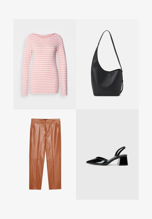 Majica dugih rukava u ružičastoj i bijeloj horizontalnoj prugastoj boji. Mekani pamučni materijal s širokim dekolteom i uskim krojem. Bez vidljivih detalja.; Smeđe hlače od umjetne kože s prilagođenim krojem, s prednjim pregibima i ravnim nogavicama. Glatka tekstura bez vidljivih metalnih dijelova ili ukrasa.; Crne lakirane kožne sandale s otvorenom petom i špicastim vrhom, s geometrijskom blok petom. Imaju elegantan, minimalistički dizajn i glatku teksturu.; Crna kožna hobo torba s glatkom teksturom, zakrivljenim oblikom i jednom podesivom trakicom; ima širok otvor na vrhu.
