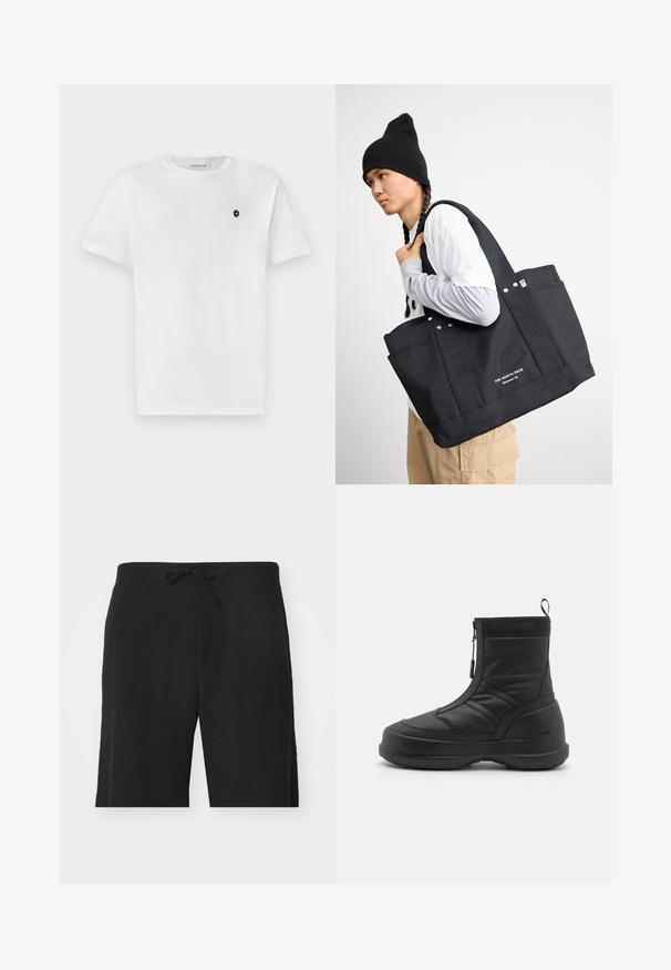 Weißes Baumwoll-T-Shirt mit kurzen Ärmeln, rundem Halsausschnitt und einem kleinen schwarzen Logo auf der linken Brust. Glatte Textur, klassischer Schnitt.; Schwarze Leinen-Shorts mit elastischem Bund, im entspannten Schnitt und knielanger Ausführung. Sanfte Textur, einfacher und klassischer Stil.; Schwarzer wasserdichter Schneestiefel mit einem glatten synthetischen Obermaterial, Reißverschluss, gepolstertem Kragen und strukturiertem Gummisohle. Mit "MOON BOOT" Branding akzentuiert.; Schwarze Canvas-Tasche mit zwei stabilen Griffen, versehen mit metallischen Akzenten und Fronttaschen. Die Markenbezeichnung ist in weißem Text am unteren Ende angebracht.