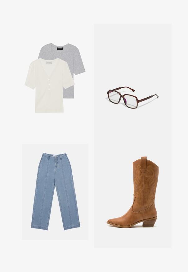 Două tricouri cu mânecă scurtă și decolteu în V, unul de culoare gri deschis, cu o textură netedă, iar celălalt de culoare albă murdară, cu detalii cu nasturi și țesătură cu model canelat.; Blugi largi de culoare albastru deschis, confecționați din denim. Au o talie înaltă, închidere cu nasture și cusături vizibile. Nu sunt vizibile buzunare pe față.; Botă de cowboy din piele maro cu vârf ascuțit, cu modele brodate în spirală pe tambur și un toc bloc stratificat. Are o bucată pentru prindere pentru a fi îmbrăcată ușor.; Ochelari de vedere dreptunghiulari, maro, cu lentile transparente și nuanțe de violet. Cadru din plastic neted cu brațe drepte și accente subtile.