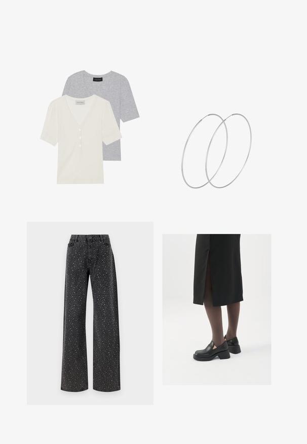 Du žoonyjų V formos iškirptės marškinėliai trumpomis rankovėmis, vieni šviesiai pilki su glotnia tekstūra, kiti off-white su mygtukų detale ir susigūrusiomis medžiagomis.; Noisy May NMJANNEL LOOSE - Laisvo kirpimo džinsai - black denim; Juodos odinės bateliai su apvaliu nosiu, stora blokine pakulne ir elastingais šonais, derinami su tamsiomis pėdkelnėmis ir juoda sijonu su plyšiu.; Sidabrinės pusmėnulio auskarai minimalistiniu dizainu. Apskritimo forma, lygus paviršius ir plonas profilis. Lengvi su poliruotu apdailu.