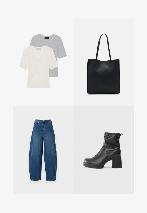 Dos camisetas de manga corta y cuello en V, una en gris claro con una textura suave, y la otra en color blanco roto con detalle de botones y tela acanalada.; Jeans de denim en un lavado azul medio, con una cintura alta, corte de pierna ancha y diseño estándar de cinco bolsillos con detalles de costura visibles.; Botines negros de tobillo, hechos de cuero suave, con cierre lateral, tacón grueso texturizado y diseño de punta redondeada.; Bolso tote de cuero negro con textura lisa, forma rectangular y dos asas largas. Sin herrajes ni adornos visibles.