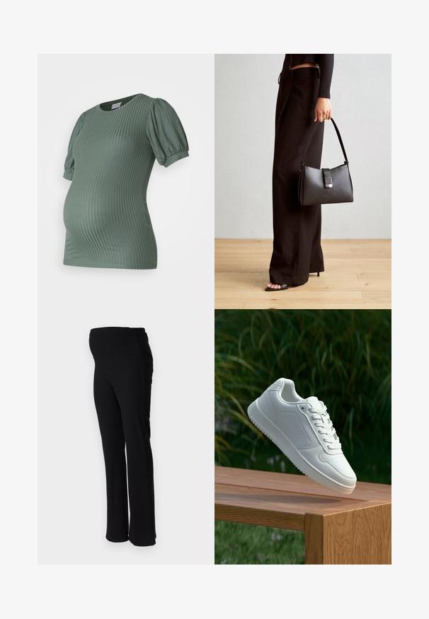 MAMALICIOUS MLTRINITY - Základné tričko - laurel wreath; ONLY MATERNITY OLMHALLE - Nohavice - black; Biele tenisky s hladkým syntetickým zvrškom, perforovanou špičkou, plochými šnúrkami a textúrovanou podrážkou, vystavené na drevenej ploche.; Čierna kabelka so štruktúrovaným tvarom, hladkou textúrou a kovovou sponou. V kombinácii so širokými čiernymi nohavicami a sandálmi s otvorenou špičkou na drevenej podlahe.