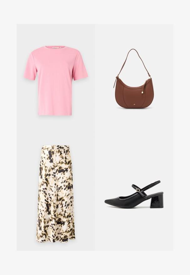 Vaaleanpunainen lyhythihainen T-paita, joka on valmistettu pehmeästä puuvillakankaasta. Klassinen pyöreä pääntie ja rento malli ilman lisäkuvioita tai koristeluja.; Hame panjang lutut dari kain ringan dengan pola abstrak beige, cokelat, dan hijau. Memiliki pinggang yang pas dan desain yang mengalir.; Musta lakattu nahka slingback-korkokengät, joissa on terävä kärki, pyöreä aukko-muotoilu ja lohkokorko. Varustettu kultasävyisellä solkiyksityiskohdalla.; Ruskea keinonahkainen olkalaukku, jossa on kaareva muoto, minimaalinen ompelu ja kultasävyinen varuste. Varustettu ylhäältä avautuvalla vetoketjullisella suljennalla ja säädettävällä hihnalla.