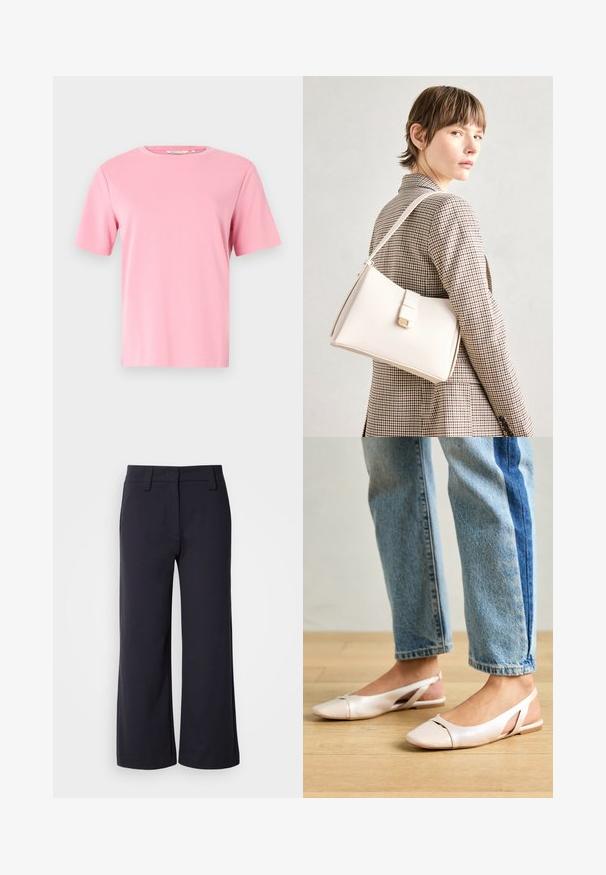 Ružičasta majica s kratkim rukavima od mekog pamučnog materijala. Klasičan okrugli izrez i opušteni kroj bez dodatnih uzoraka ili ukrasa.; Hlače širokih nogavica od tamnoplave tkanine. Imaju ravni prednji dio, petlje za remen i bočne džepove. Materijal je gladak s laganim rastezljivim svojstvom.; Svijetlo ružičaste slingback balerinke s šiljastim vrhom, izrađene od glatkog materijala nalik koži. Sadrže izrezane detalje sa strane i ravnu petu.; Bijela kožna torba s čvrstim dizajnom, s magnetskim kopčanjem i remenom za rame, prikazana na neutralnoj pozadini.