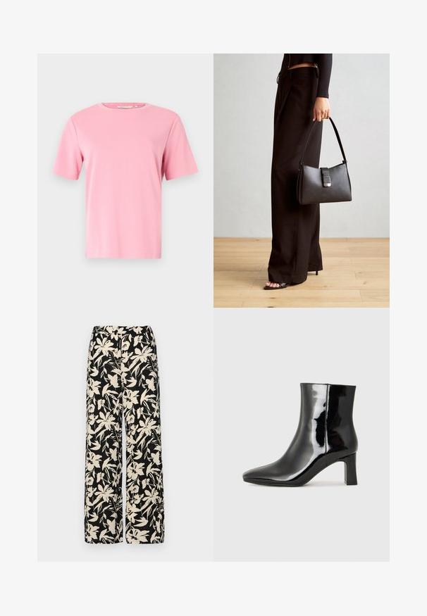 Ružičasta majica s kratkim rukavima od mekog pamučnog materijala. Klasičan okrugli izrez i opušteni kroj bez dodatnih uzoraka ili ukrasa.; Crne široke hlače s kremastim cvjetnim uzorkom. Izrađene od lagane tkanine, sa glatkom teksturom i visokim pojasom.; Crne lakirane kožne gležnjače s šiljastim prstom i srednje visokom blok petom. Glatka tekstura i minimalistički dizajn.; Crna torba s oblikom koji sadrži strukturu, glađu teksturu i metalnu kopču. Uparena s širokim crnim hlačama i sandalama na otvorenom s drvenog poda.