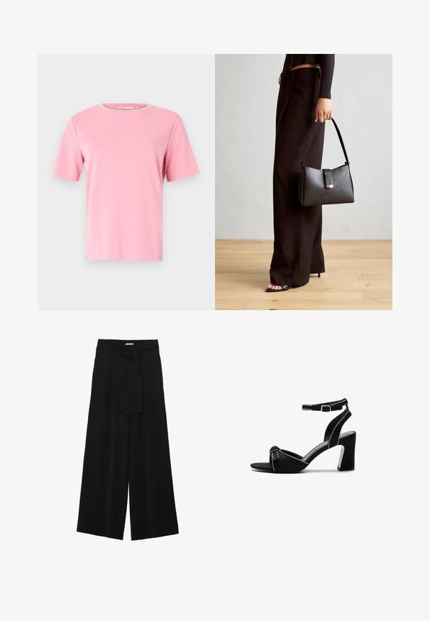 Ružová tričko s krátkym rukávom vyrobené z jemnej bavlnenej látky. Klasický okrúhly výstrih a voľný strih bez ďalších vzorov alebo ozdôb.; Čierne široké nohavice s textúrovanou tkaninou, elastickým pásom a odnímateľným viazaním na páse pre nastaviteľné priliehanie.; Čierne semišové sandále na podpätku s širokým blokovým podpätkom, nastaviteľným členkovým remienkom, otvorenou špičkou a kontrastným prešívaním.; Čierna kabelka so štruktúrovaným tvarom, hladkou textúrou a kovovou sponou. V kombinácii so širokými čiernymi nohavicami a sandálmi s otvorenou špičkou na drevenej podlahe.