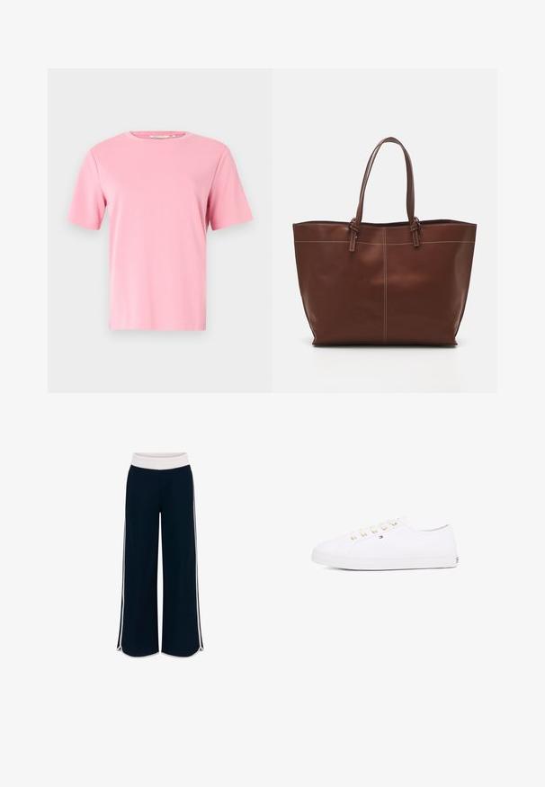 Roze T-shirt met korte mouwen van zacht katoen. Klassieke ronde halslijn en een comfortabele pasvorm zonder extra patronen of versieringen.; Marineblauwe wijde broek met een witte elastische tailleband en contrasterende zijstrepen. Soepele textuur met een losse pasvorm en zijsplitten aan de zoom.; Witte canvas sneaker met gouden veterogen, platte veters, gestructureerde rubberen zool en minimalistische branding aan de zijkant. Laagprofiel ontwerp.; Bruine leren tote bag met dubbele handvatten, heeft contrasterende stiksels en een ruime indeling, geschikt voor dagelijks gebruik.