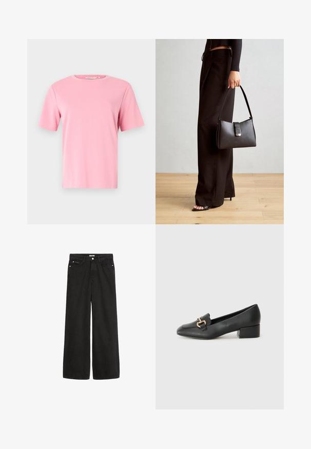 Rožinė trumparankovė marškinėlių su švelnaus medvilnės audiniu. Klasikinis apvalus iškirpimas ir laisvas siluetas be papildomų raštų ar dekoracijų.; Platus juodas džinsinis kelnes su aukštu juosmeniu. Yra penkios kišenės, metalinės detalės ir švarus apdaila. Paviršius yra lygus ir švelnus.; Juodi odiniai loaferiai su plokščiu kulnu, su dekoratyvia auksine detalės priekyje ir glotnia tekstūra.; Juodas rankinė struktūrizuota forma, lygi tekstūra ir metalinis užsegimas. Suporuota su plačiomis juodomis kelnėmis ir atvirais bateliais ant medinių grindų.