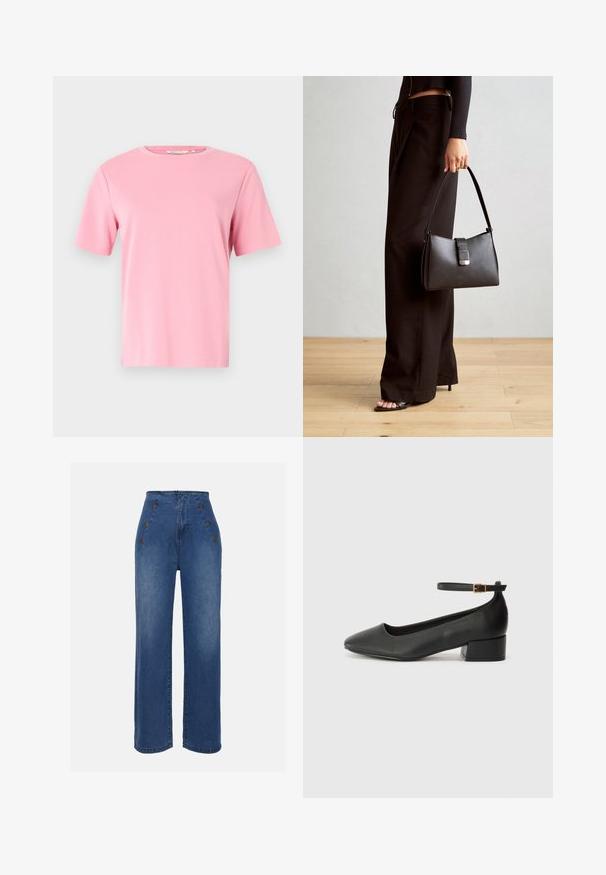 Ružová tričko s krátkym rukávom vyrobené z jemnej bavlnenej látky. Klasický okrúhly výstrih a voľný strih bez ďalších vzorov alebo ozdôb.; Džíny s vysokým pásom v strednej modrej farbe. Obsahujú predné gombíkové detaily a široký strih nohavíc. Látka má hladkú štruktúru s miernym vyblednutím.; Čierne kožené lodičky s špicatou špičkou a nízkym blokovým podpätkom. Obsahuje remienok okolo členka so zlatým prackou. Hladký povrch.; Čierna kabelka so štruktúrovaným tvarom, hladkou textúrou a kovovou sponou. V kombinácii so širokými čiernymi nohavicami a sandálmi s otvorenou špičkou na drevenej podlahe.