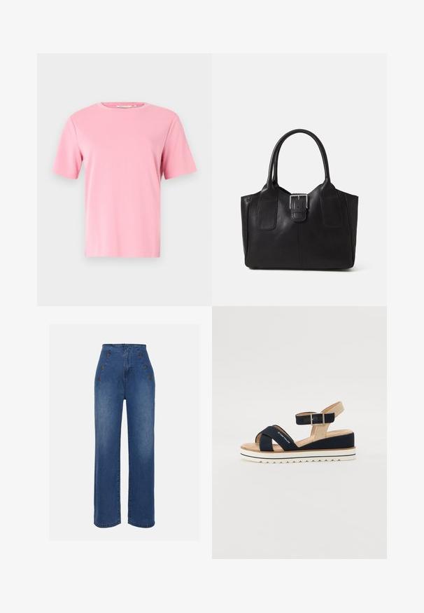 Camiseta rosa de mangas curtas feita de um tecido de algodão suave. Decote redondo clássico e um corte descontraído, sem padrões ou decorações adicionais.; Calças de ganga de cintura alta em azul médio. Apresentam detalhes com botões na frente e um design de perna larga. O tecido tem uma textura suave com um ligeiro desbotamento.; Sandal blue marinho com duas tiras de tecido, tira ajustável no tornozelo e parte traseira texturizada em bege. Sola grossa, branca e em forma de onda. Marca impressa na tira.; Bolsa tote de couro preta com textura suave, forma estruturada, duas alças e um destaque prateado proeminente na parte da frente.