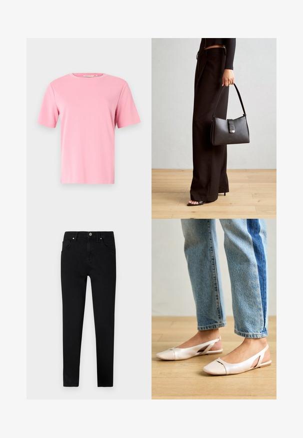 Pink kortærmet T-shirt lavet af blødt bomuldsstof. Klassisk rund halsudskæring og en afslappet pasform uden yderligere mønstre eller dekorationer.; Sorte denim jeans med slim fit, der har frontknaplukning, bæltestropper og klassisk fem-lomme design. Glat tekstur.; Lyserøde slingback flade sko med spidse tær, lavet af et glat læderlignende materiale. Har udskæringsdetaljer på siderne og en flad hæl.; Sort håndtaske med struktureret form, glat overflade og metalspænde. Sammen med brede sorte bukser og sandaler med åben tå på trægulv.
