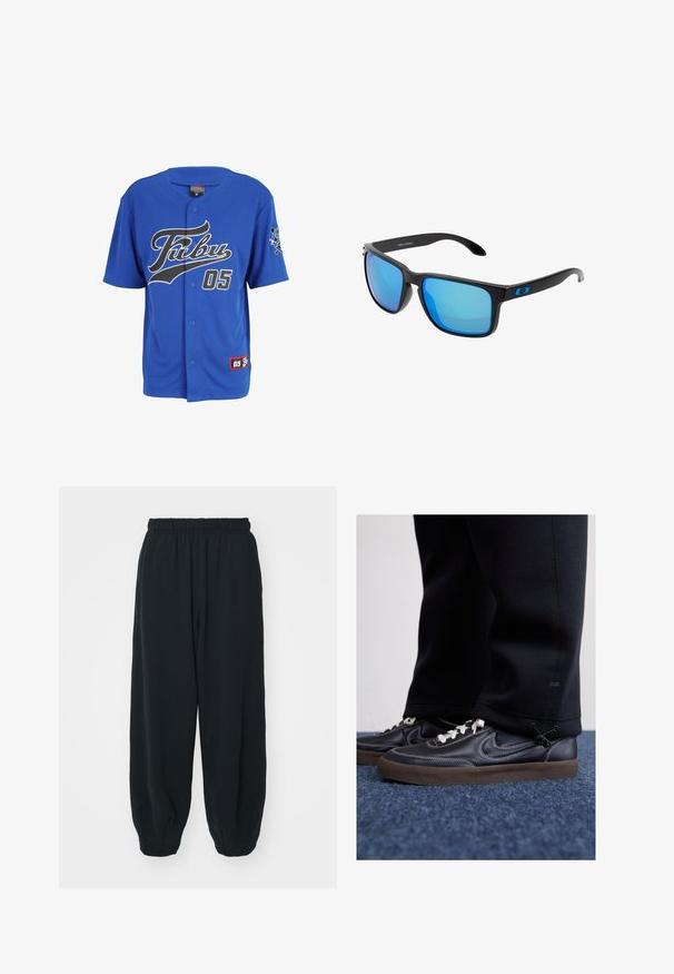 Modrý krátký rukáv dres s černým skriptovým logem "FUBU", číslem "05" a nášivkou s logem na levém rukávu.; Černé teplákové kalhoty s elastickým pasem, volným střihem, manžetami na kotnících, hladkým povrchem a bez viditelných vzorů či kovových detailů.; Nike Sportswear KILLSHOT 2 LTR PRM OPP2 - Tenisky - black sail baroque brown mtlc dk grey; Stylové černé sluneční brýle s modrými zrcadlovými čočkami, čtvercovými rámy a modrým akcentem na spáncích. Vyrobené z lehkého plastového materiálu.