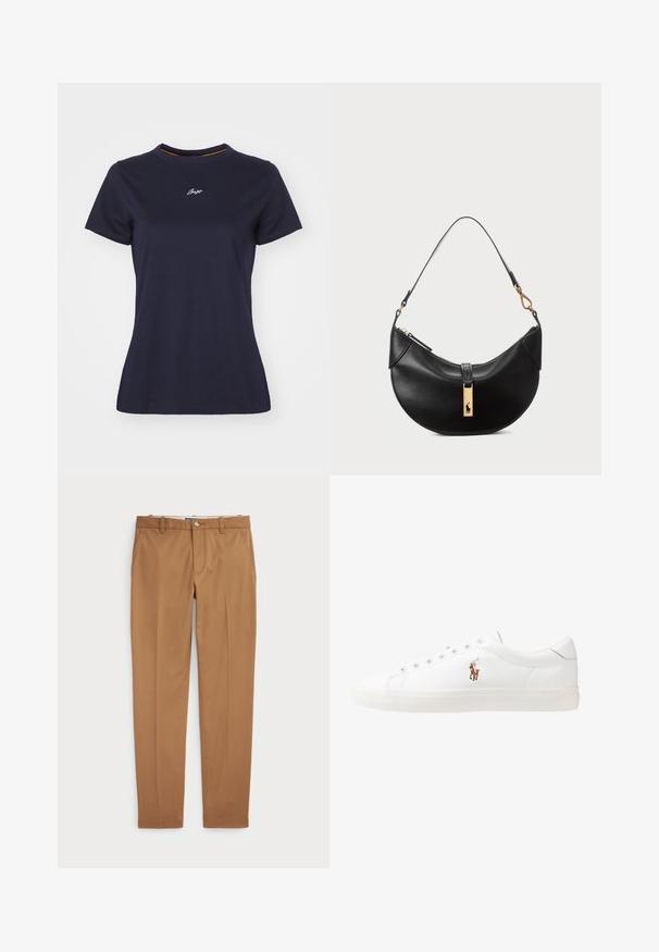 Laivansinisekotonipaita, jossa on pyöreä kaula-aukko, lyhyet hihat ja pieni valkoinen brodeerattu logo rinnassa. Sujuva rakenne.; Ruske puuvillapüksid kitsas lõikega, siledad ees ja tavalised taskud; sile tekstuur ja äärekasutusega varrukad.; Valkoiset nahkakengät, matala malli, jossa on sileä pinta, pyöreä kärki, nauhakiinnitys edessä ja pieni brodeerattu logo sivulla.; Musta nahkalaukku puolikuun muotoisena. Varustettu kultaisilla yksityiskohdilla ja kapealla hihnalla. Tasainen pinta, vetoketjukiinnitys ylhäällä.