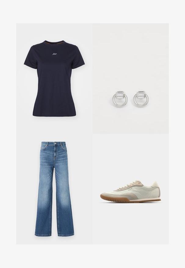 Marineblå bomullst-skjorte med rund hals, korte ermer og en liten hvit brodert logo på brystet. Glatt tekstur.; Lyseblå denim bukser med vid ben og høy midje, med fem lommer, beltehemper og en subtil falming mot kanten.; Hvite og beige sneakers med en glatt overdel med semsket skinn-detaljer, en teksturert såle og tonede sømmer. Snøring med logo-detalj.; Sølv metalløreringer med en rektangulær stein på toppen av en rund ring. Glatt tekstur, minimalistisk design og geometrisk form.