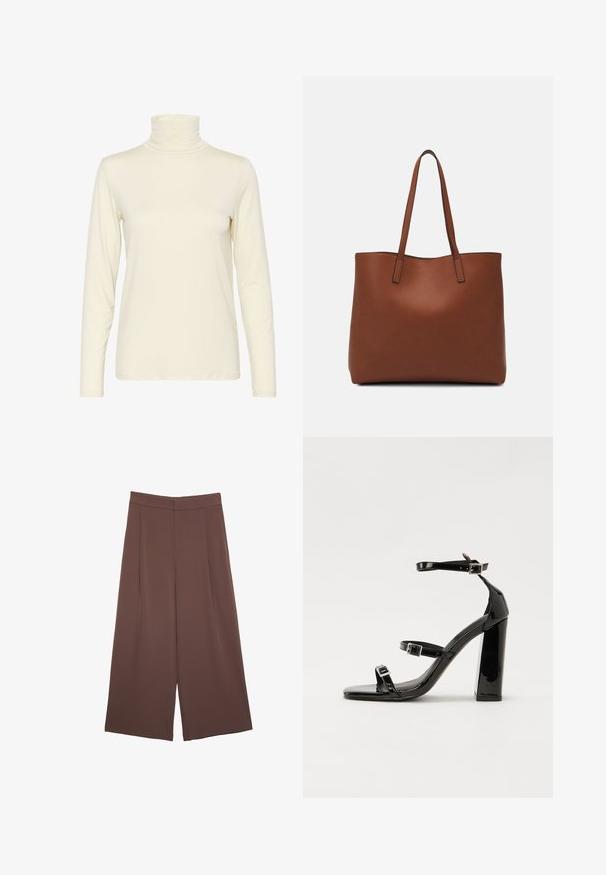 Długi rękaw, golf w kolorze off-white, wykonany z miękkiej, elastycznej tkaniny. Dopasowany krój o gładkiej fakturze i minimalnych detalach ściegów.; Brązowe spodnie o szerokich nogawkach z gładką fakturą, z wysokim stanem i plisami z przodu. Materiał jest lekki i luźno opada.; Czarne lakierowane sandały na obcasie z kwadratowym noskiem, z paskami wokół kostki i srebrnymi klamrami. Posiadają masywny słupek dla stabilności.; Brązowa skórzana torba tote o gładkiej fakturze, z otwartym wierzchem i dwoma ramiączkami. Charakteryzuje się minimalnym przeszyciem i brakiem widocznych elementów metalowych.