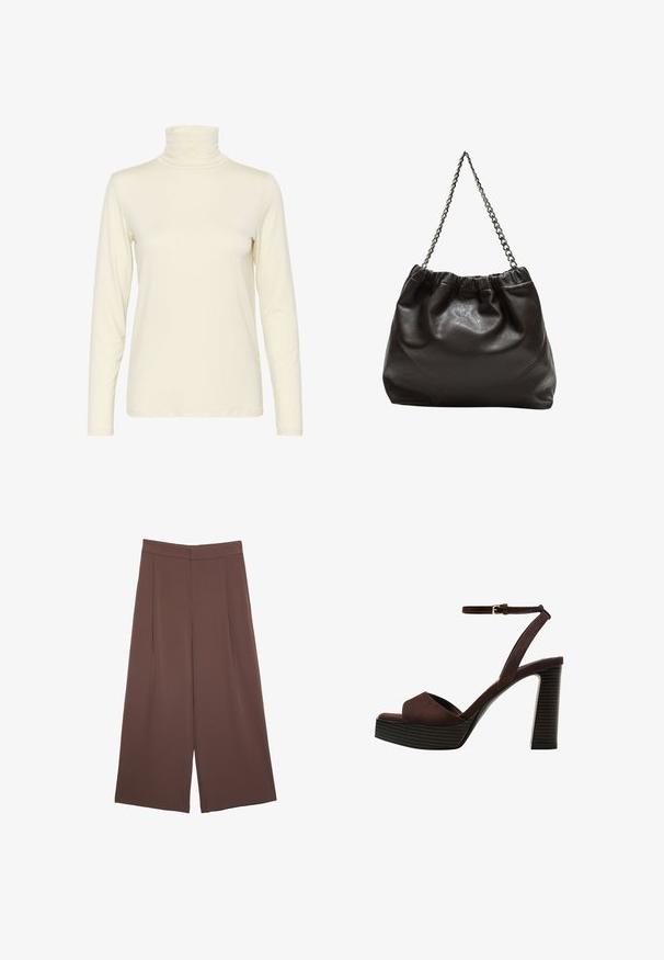 Dugim rukavima, dolčevita u boji slonovače, izrađena od mekane, rastezljive tkanine. Kroja koji se prilagođava tijelu, s glatkom teksturom i minimalnim detaljima šivanja.; Smeđe hlače širokog kroja s glatkom teksturom, koje imaju visok struk i nabore sprijeda. Tkanina je lagana i slobodno se kreće.; Smeđe zamšaste sandale s visokim potpeticama, otvorenim prstima, podesivom trakicom oko gležnja i prugastom platformom.; Smeđa kožna torba s naboranim vrhom i lančićem za nošenje. Glatka tekstura s sjajnim završetkom i suptilnim šavnim detaljima sa strane.