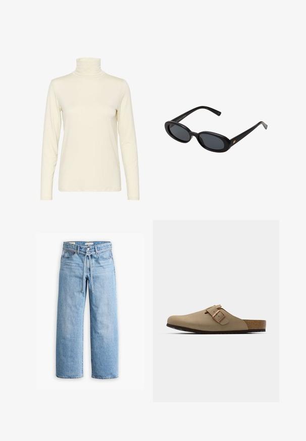 Langdurige mouwloze turtleneck top in off-white, gemaakt van zachte, rekbare stof. Strak ontwerp met een gladde textuur en minimale stikdetails.; Lichtblauwe denim wijde broek met een hoge taille, knoop- en ritssluiting, en een trekkoorddetail in de taille. Afgeronde zoomafwerking.; Beige klompen met een afgeronde neus, verstelbare gespaccent, en kurk voetbed. Gestructureerd oppervlak met een zwarte rubberen zool voor grip.; Zwarte oversized zonnebril met ovale lenzen, een glad plastic montuur en gouden accenten op de pootjes. Donkere lenzen bieden bescherming tegen de zon.