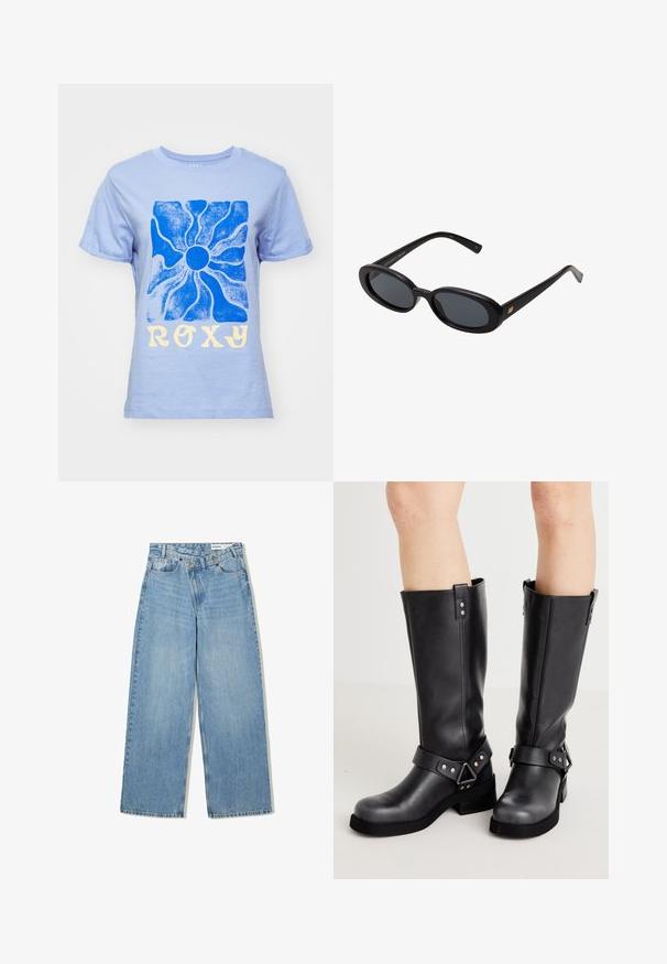 Hellblaues Baumwoll-T-Shirt mit einem blauen Sonnen-Graphic und "ROXY" in gelber Schrift. Klassischer Rundhalsausschnitt und kurze Ärmel.; Helles blaues, langärmliges Hemd mit Knopfleiste aus einem weichen, leichten Stoff. Verfügt über eine Brusttasche und ein klassisches Kragen-Design.; Hellblaue weite Jeans aus Denim, mit hoher Taille, fünf Taschen, Knopfverschluss und dezentem Verblassen für Textur.; Schwarze Lederstiefel bis zum Knie mit weiter Schaftweite, Riemenverzierungen, silbernen Beschlägen und flacher Sohle. Glatte Textur mit leichtem Glanz.; Schwarze, oversized Sonnenbrillen mit ovalen Gläsern, glattem Kunststoffrahmen und goldenen Akzenten an den Bügeln. Die dunklen Gläser bieten Sonnenschutz.; Weiche braune Hobo-Stil Handtasche mit einem einzigen breiten Trageriemen und einer geschwungenen Oberteilöffnung, auf einem weißen Hintergrund präsentiert.