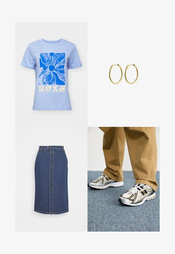 Jasnoniebieska bawełniana koszulka z grafiką niebieskiego słońca i napisem "ROXY" w żółtej literze. Klasyczny okrągły dekolt i krótkie rękawy.; Dżinsowa spódnica ołówkowa w ciemnoniebieskim kolorze, z zapięciem na guziki z przodu, pionowymi przeszyciami oraz klasycznym wykończeniem dołu.; Białe i srebrne sneakersy New Balance z czarnymi akcentami i sznurówkami, z siateczkową cholewką, amortyzowaną podeszwą i dynamicznym wzornictwem.; Złote metalowe kolczyki w kształcie kół z gładkim wykończeniem, okrągłe, z bezpiecznym zapięciem. Polerowana powierzchnia bez widocznych wzorów lub akcentów.