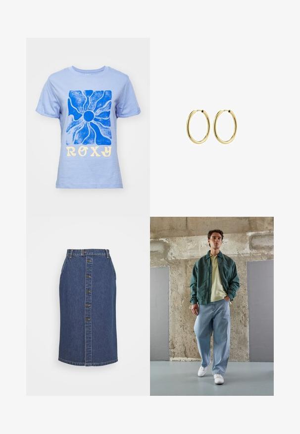 Lyseblå bomulds t-shirt med en blå solgrafik og "ROXY" i gul skrift. Klassisk rund hals og korte ærmer.; Denim blyantskirt i mørkeblå, med frontlukning med knapper, lodrette sømdetaljer og en klassisk kant.; Grøn bomberjakke over en lys gul polo, parret med løse blå jeans og hvide sneakers. Glatte stoffer, afslappet pasform, minimal hardware.; Guld metal hoop øreringe med en glat overflade, cirkulær form og en sikker lås. Poleret overflade uden synlige mønstre eller detaljer.