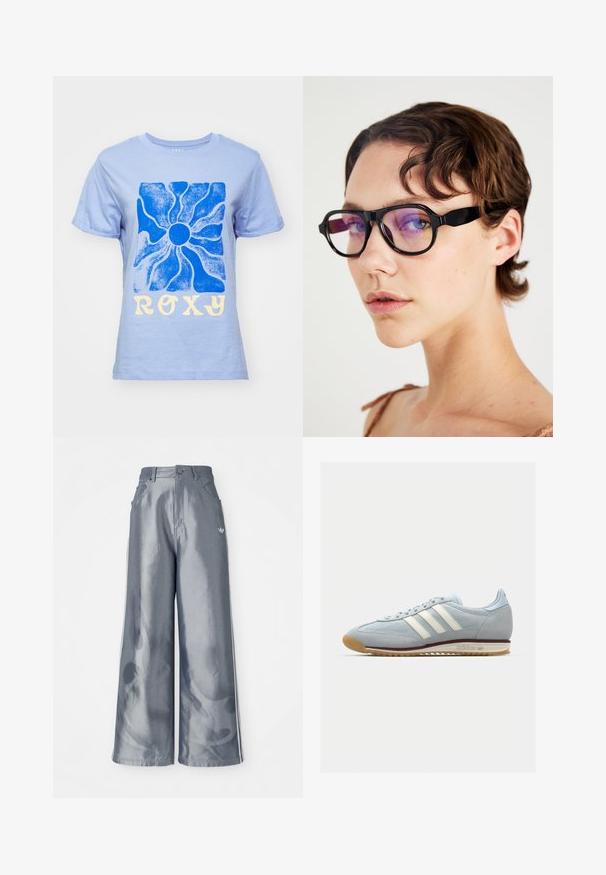 Vaaleansininen puuvillapaita, jossa on sininen auringon graafinen kuva ja "ROXY" keltaisella tekstillä. Klassinen pyöreä kaula-aukko ja lyhyet hihat.; Housut leveillä lahkeilla kiiltävässä harmaassa materiaalissa, valkoisilla sivuviivoilla ja liekkikuvioilla alaosassa. Napin ja vetskarin suljenta vyötäröllä.; Vaaleansininen mokkanahkakengät, joissa on valkoiset kolme raitaa, kumipohja ja teksturoitu verkko. Ominaisuuksiin kuuluu sileä varvaskuppi ja brändäys kannassa.; Mustat suorakulmaiset kehykset, joissa on violetit linssit, paksut reunat ja tasaiset sivut, korostavat modernia muotoilua.