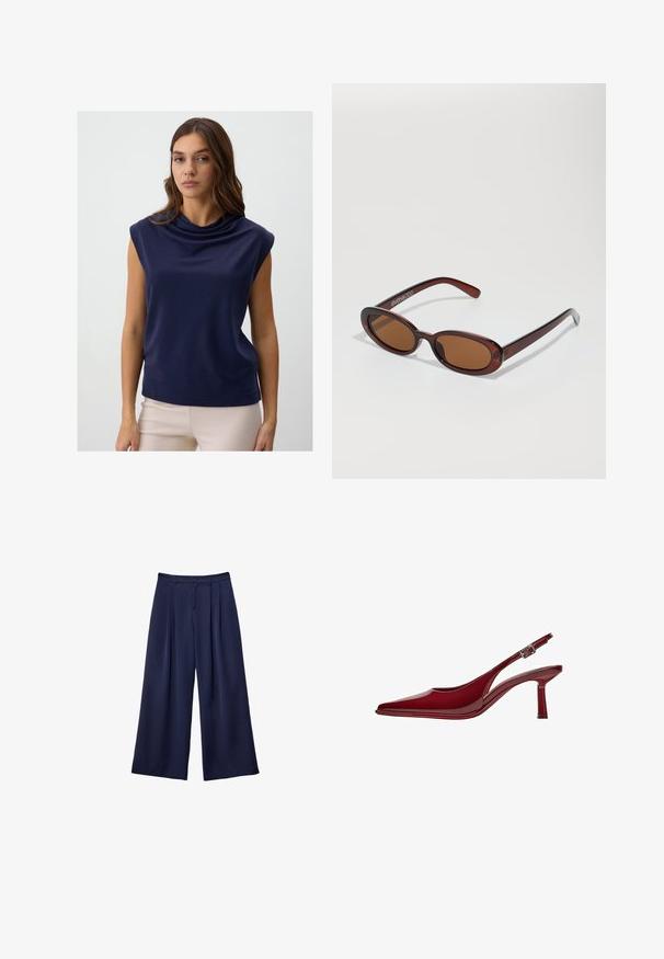 Navy ärmelloses Oberteil mit drapiertem Kragen, aus glattem Stoff gefertigt, mit lässiger Passform und einem sauberen Saum.; Marineblaue weite Hosen mit Falten, Knopfverschluss und Gürtelschlaufen, flach auf einem weißen Hintergrund präsentiert.; Bershka Pumps - dark red; Runde, braun getönte Sonnenbrillen mit einem glänzenden burgunderfarbenen Rahmen. Schlanke Bügel mit dezentem Branding. Flaches Linsendesign.; Rote glänzende Handtasche mit zwei langen Griffen, rechteckiger Form, glatter Oberfläche und dezentem Faltenmuster. Ausgestattet mit silberfarbenen Beschlägen.