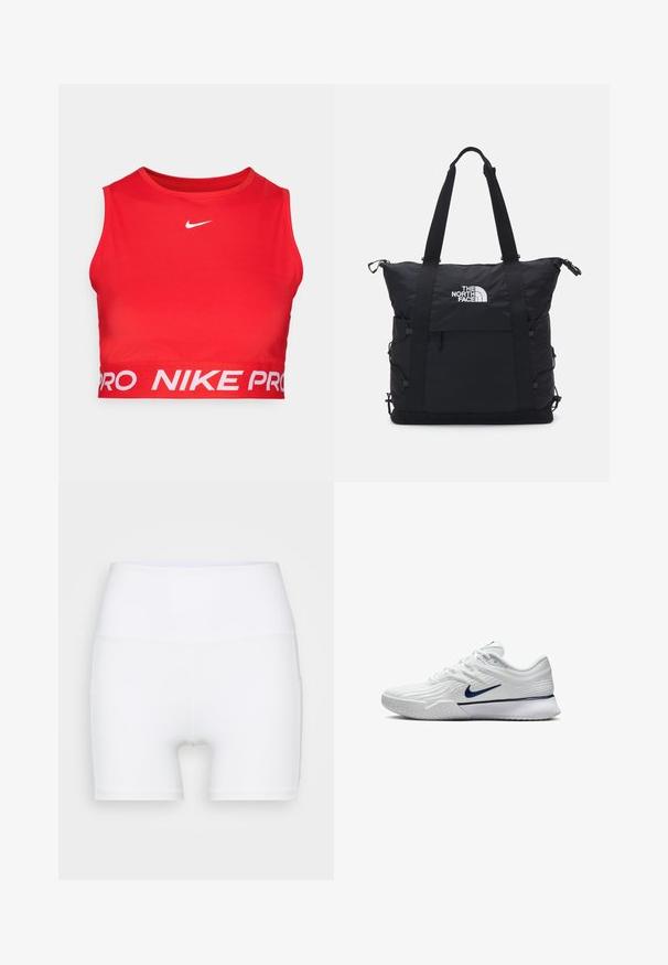 Top deportivo cortito Nike Pro rojo, fabricado con un tejido suave y elástico. Presenta un logotipo blanco en el pecho y una ancha banda elástica con marca en la parte inferior.; Shorts blancos de talle alto confeccionados en tejido elástico. Presentan una textura suave y un diseño ajustado, sin patrones ni herrajes adicionales.; Zapatilla deportiva blanca con parte superior de malla texturizada, acentos en azul marino y una suela acolchada con un agarre con patrón. Cordones integrados en el diseño.; Bolsa tote negra con un diseño acolchado, cierre superior con cremallera, dos asas cortas y logo en la parte frontal; cuenta con bolsillos laterales y asas ajustables.