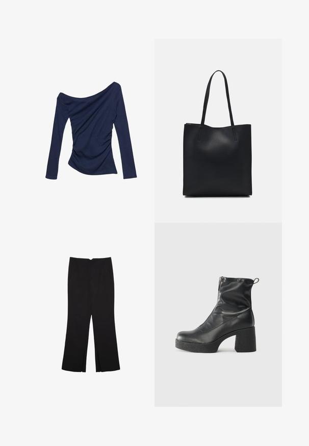 Marineblaues Off-Shoulder-Top mit langen Ärmeln, das seitliche Raffung und eine glatte, elastische Textur aufweist.; Schwarze Hose mit geradem Schnitt, ausgestattet mit Fronttaschen und Seitenschlitzen am Saum. Hergestellt aus weichem, glattem Stoff. Geeignet für verschiedene Anlässe.; Schwarze Stiefeletten aus glattem Leder mit seitlichem Reißverschluss, klobigem strukturiertem Absatz und runder Zehenform.; Schwarze Laptoptasche aus Leder mit glatter Textur, rechteckiger Form und zwei langen Griffen. Keine sichtbaren Beschläge oder Verzierungen.