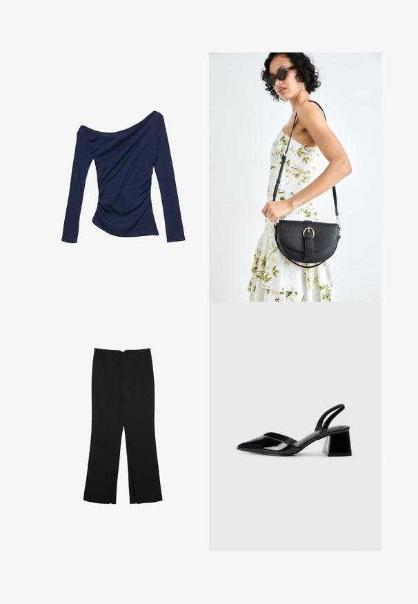 Marineblaues Off-Shoulder-Top mit langen Ärmeln, das seitliche Raffung und eine glatte, elastische Textur aufweist.; Schwarze Hose mit geradem Schnitt, ausgestattet mit Fronttaschen und Seitenschlitzen am Saum. Hergestellt aus weichem, glattem Stoff. Geeignet für verschiedene Anlässe.; Schwarze Lackleder-Slingback-High Heels mit spitzem Schuh und einem geometrischen Blockabsatz. Verfügt über ein schlankes, minimalistisches Design und eine glatte Textur.; Schwarze Lederhandtasche mit geschwungener Form, abnehmbarem Tragegurt und goldenen Beschlägen. Die Tasche verfügt über einen Deckel mit einer Schnallen-Details.