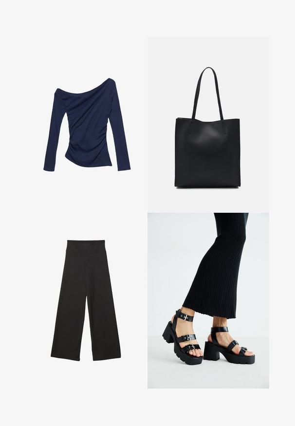 Mornarsko plava bluzica bez ramena s dugim rukavima, s naboranim detaljima sa strane i glatkom, rastezljivom teksturom.; Crne široke hlače s visokim elastičnim pojasom, mekanim materijalom i slobodnim krojem, pogodne za ležerno nošenje ili opuštene prostore.; Crne platforme sandale s debelim, nazubljenim potplatima i višestrukim trakama, s metalnim kopčama i glatkom teksturom koja podsjeća na kožu.; Crna kožna torba za nošenje s glatkom teksturom, pravokutnim oblikom i dvije duge ručke. Nema vidljivih metalnih dijelova ili ukrasa.