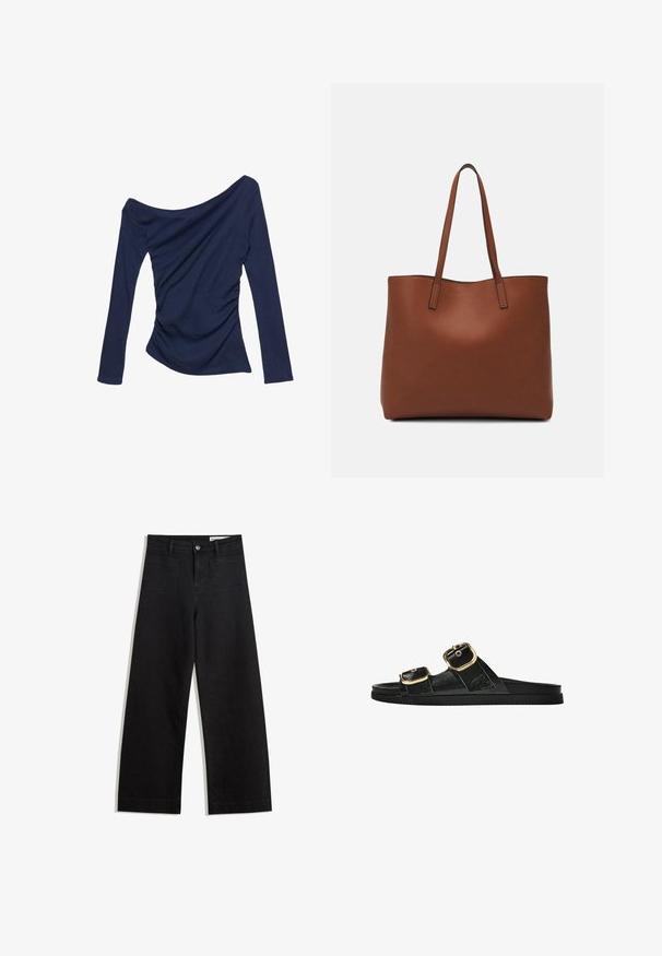 Námořnická modrá top s odkrytými rameny a dlouhými rukávy, s shromážděnými detaily na bocích a hladkou, elastickou texturou.; Černé denimové kalhoty s volným střihem a vysokým pasem, vybavené předními a zadními kapsami, prošívanými švy a knoflíkovým zapínáním. Hladká textura.; Černé kluzné sandály s dvěma zlatými sponami, hladkým texturovaným materiálem, plochou podrážkou a minimalistickým designem.; Hnědá kožená taška přes rameno s hladkou texturou, otevřeným designem a dvěma ramenními popruhy. Obsahuje minimální švy a žádné viditelné kovové prvky.