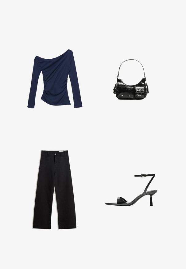 Námornícky modrý top s odhalenými ramenami a dlhými rukávmi, zdobený zúženými bočnými detailmi a hladkou, elastickou textúrou.; Čierne denimové nohavice s širokými nohavicami a vysokým pásom, so prednými a zadnými vreckami, šitými švami a zapínaním na gombík. Hladká textúra.; Bershka Sandále na vysokom opätku - black; Čierna laková kožená kabelka s ohnutým tvarom, jedným ramenným popruhom, prednými vreckami a striebornými kovovými doplnkami.