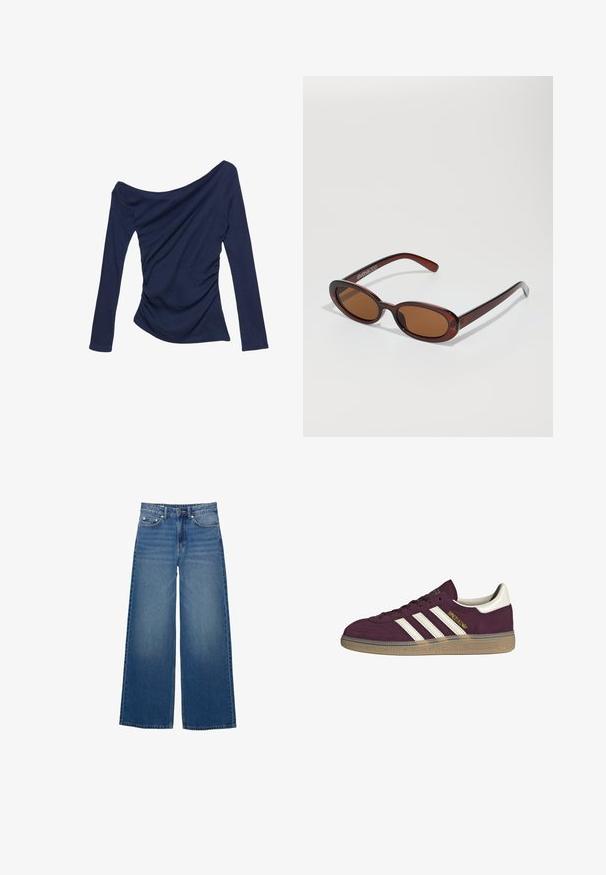 Tengerészkék, vállnélküli blúz hosszú ujjakkal, oldalain ráncolt részletekkel és sima, rugalmas textúrával.; Széles lábú, farmertből készült kék nadrág, magas derékkal, varrásokkal és egy egyszerű, enyhe koptatással.; Burgundi velúr sportcipő fehér három csíkkal és bézs díszítéssel. Jellemzője a texturált gumitalp és az arany logó az oldalon.; Kerek, barna árnyalatú napszemüveg fényes burgundi kerettel. Karcsú karok diszkrét márkázással. Lapos lencse kialakítás.; Barna szőtt bőr kézitáska, amely laza, háromszög alakú. Fonott füllel és felső cipzárral rendelkezik.