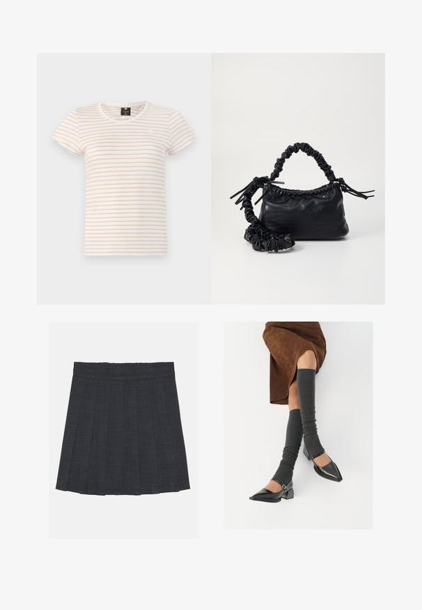 Krems krāsas īslægst T-krekls ar horizontālām gaiši rozā svītrām. Tam ir V veida kakla izgriezums un neliels logotips uz krūtīm. Izgatavots no kokvilnas auduma.; Tumši pelēks plisēts svārki ar elastīgu jostu, ar teksturētu audumu un klasisku A formas siluetu. Piemēroti ikdienas valkāšanai.; Melnas laka ādas apavi ar norādītu purngalu, blokveida papēdi un potīšu jostu, saskaņoti ar pelēkām ribotām kāju sildītājām un brūnu zamšādas svārku.; Melnā mākslīgās ādas rokassoma ar krokodila rakstu, savilkta augšdaļa un saburzīta siksna. Izskatās mīksta un kompakta pēc dizaina.