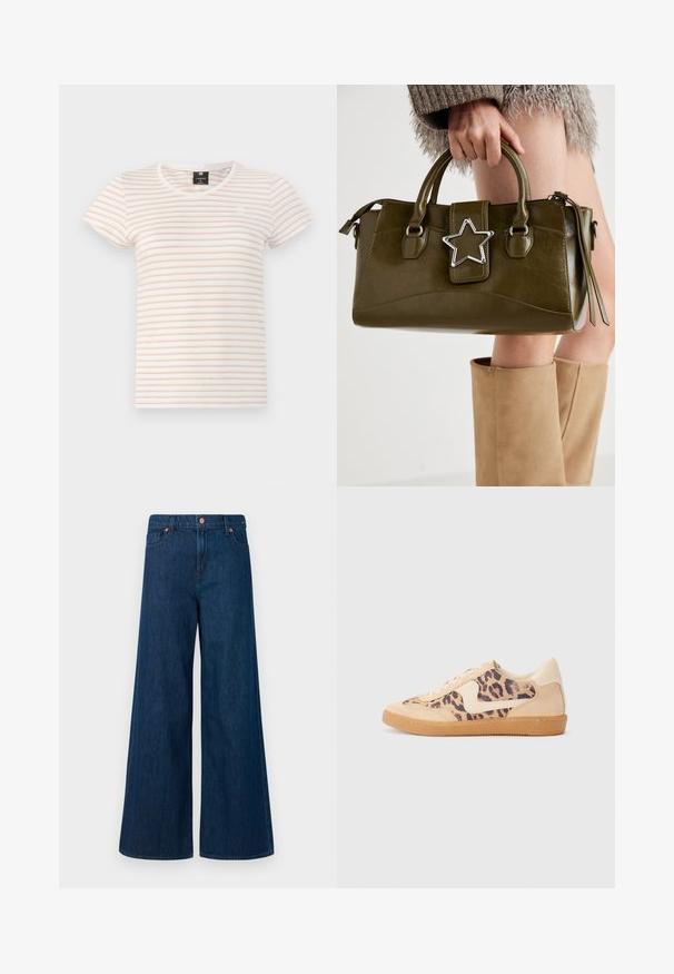 Kortärmad T-shirt i krämfärgad med horisontella ljusrosa ränder. Har en V-ringning och en liten logotyp på bröstet. Tillverkad av bomull.; Blå vida denimjeans med knäppning fram, bälteslinor och fem fickor på en vit bakgrund.; Leopardmönstrade sneakers med överdel i beige mocka, tan gummisula och vita detaljer. Rund tå och snörning med en strukturerad finish.; Olivgrön konstläderhandväska med silverstjärna som accent, dubbla handtag och dragkedjestängning. Texturerad yta och strukturerad form.