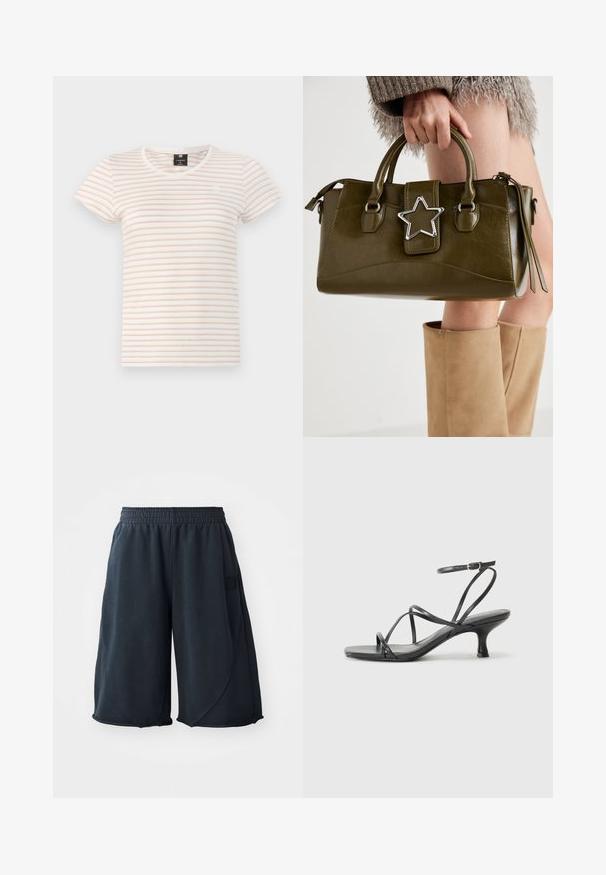 Krótki rękaw T-shirt w kremowym kolorze z poziomymi jasnoróżowymi paskami. Posiada dekolt w kształcie litery V oraz małe logo na klatce piersiowej. Wykonany z bawełnianej tkaniny.; Czarne spodenki sportowe wykonane z miękkiego materiału, z elastycznym pasem w talii i naszywką z logo po bokach. Gładka faktura i luźny krój.; Czarne sandały na obcasie z cienkimi paskami, otwartą częścią palcową i małym, rozszerzonym obcasem. Materiał wydaje się gładki i błyszczący.; Oliwkowa torebka z ekoskóry z srebrnym akcentem w kształcie gwiazdy, podwójnymi uchwytami i zapięciem na zamek. Teksturowana powierzchnia i wyraźnie zarysowany kształt.