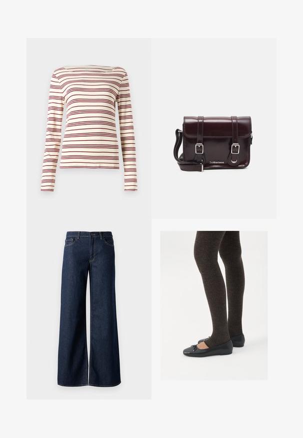 Kreemikas pikkade varrukatega topp, millel on maroonid horisontaalsed triibud; laeva kaelus; pehme kangas; vormiv disain kerge venivusega.; Laiad teksad tumesinises denimis. Omab kontrastõmblusi, viit taskut ja nupukinnitust vööl. Sile tekstuur.; Mustad mustad kingad väikese teksaga varvaste juures, koos tumedate pruunide ribakangastega. Kingadel on sile tekstuur ja madal profiil.; Burgundi värvi patendiga nahast risti koti, millel on ristkülikuline kuju, kaks rihma, hõbedased detailid ja klapi sulgur.