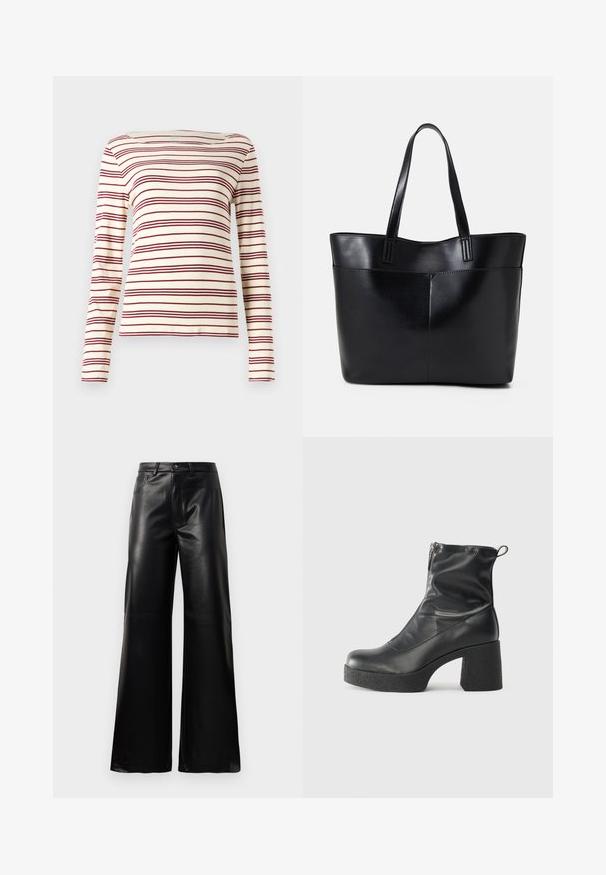 Langärmliges Oberteil in Creme mit burgunderfarbenen horizontalen Streifen; U-Boot-Ausschnitt; weicher Stoff; taillierte Passform mit leichtem Stretch.; Schwarze leichte, weit geschnittene, hochtaillierte Kunstlederhose mit vorderem Knopf, Reißverschluss, Gürtelschlaufen und Seitentaschen auf weißem Hintergrund.; Schwarze Stiefeletten aus glattem Leder mit seitlichem Reißverschluss, klobigem strukturiertem Absatz und runder Zehenform.; Schwarze Leder-Shopper-Tasche mit zwei langen Griffen, einer glatten Textur und einer strukturierten Form. Verfügt über eine Vordertasche für zusätzlichen Stauraum.