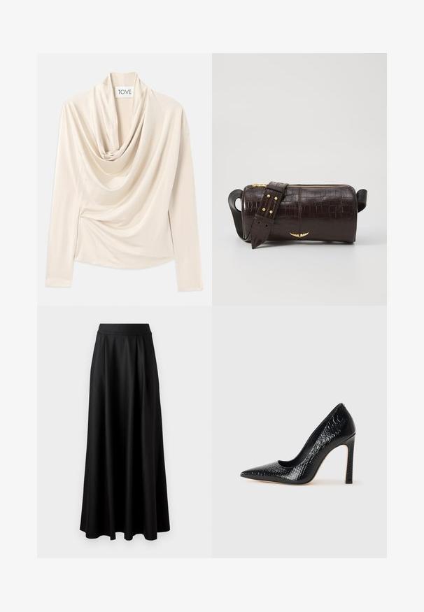 Kreminės spalvos palaidinė ilgomis rankovėmis, su gaubtu ir minkšta, lygi textura. Prisegta ties juosmeniu su subtiliais susiraukšlėjimais.; Juoda, iki žemės tiesi sijonas su lygiu paviršiumi, plačiu juosmeniu ir pūtimo dizainu, be matomų raštų ar puošmenų.; Juoda smailiakulnė aukšto kulno bateliai su krokodilo odos tekstūra, pasižymintys elegantišku dizainu, aukštu stiletu kulnu ir lygia juoda vidine dalimi.; Ruda krokodilo odspaudo odinė rankinė cilindro formos, su auksinėmis detalėmis ir nuimamu dirželiu, papuoštu studelėmis.