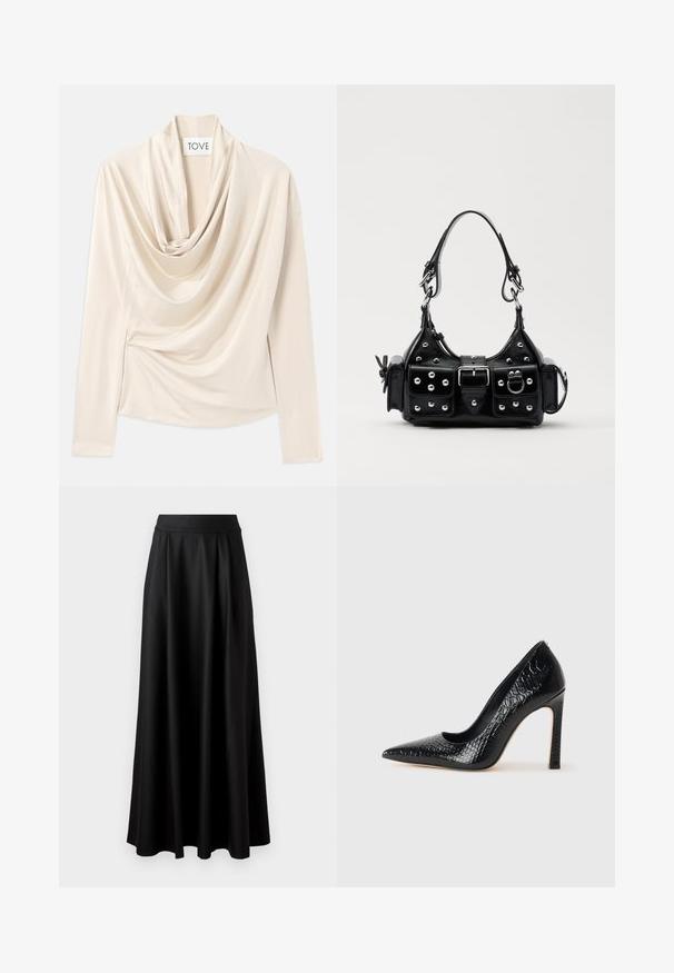 Beige Oberteil mit langen Ärmeln, Design mit Schalkragen und weicher, glatter Textur. An der Taille mit subtilen Raffungen gesichert.; Schwarzer, bodenlanger Rock mit glatter Textur, weitem Bund und plissiertem Design, ohne sichtbare Muster oder Verzierungen.; Schwarzer, spitz zulaufender High Heel mit Krokodilleder-Struktur, elegantem Design, hohem Stiletto-Absatz und glattem schwarzen Innenraum.; Schwarze Lederhandtasche mit einem geschwungenen Design, verziert mit silbernen Nieten, einer Schnalle und zwei seitlichen Taschen. Verstellbarer Träger für verschiedene Tragemöglichkeiten.