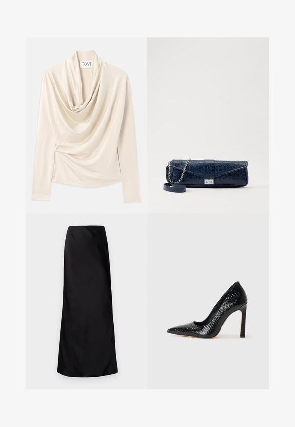 Beige Oberteil mit langen Ärmeln, Design mit Schalkragen und weicher, glatter Textur. An der Taille mit subtilen Raffungen gesichert.; Norma Kamali BIAS OBIE SKIRT - Maxirock - black; Schwarzer, spitz zulaufender High Heel mit Krokodilleder-Struktur, elegantem Design, hohem Stiletto-Absatz und glattem schwarzen Innenraum.; Marineblaue Leder-Clutch mit Krokodilstruktur, silberner Kettenriemen und metallischem Verschluss. Rechteckige Form mit Umschlagdesign.