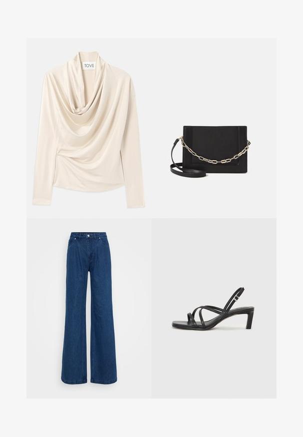 Pārvilkts bēšs tops ar garām piedurknēm, cowl kakla dizains un mīksta, gluda tekstūra. Nostiprināts viduklī ar smalku savilktas detalizācijas.; Platas kājas zila denim bikses ar augstu jostasvietu, priekšējo pogu un slēgšanu ar rāvējslēdzēju, kā arī priekšējām un aizmugurējām kabatām uz vienkārša fona.; Melnas strappy sandales ar kvadrātveida purngaliem un zemu bloku papēdi. Ievērojamas ar vairākiem plāniem siksniņām un regulējamu potītes siksniņu. Izgatavotas no gludas ādas.; Melna ādas crossbody soma ar gludu faktūru, taisnstūrveida formu un metalizētu ķēdes detaļu priekšā. Iekļauta regulējama siksna.