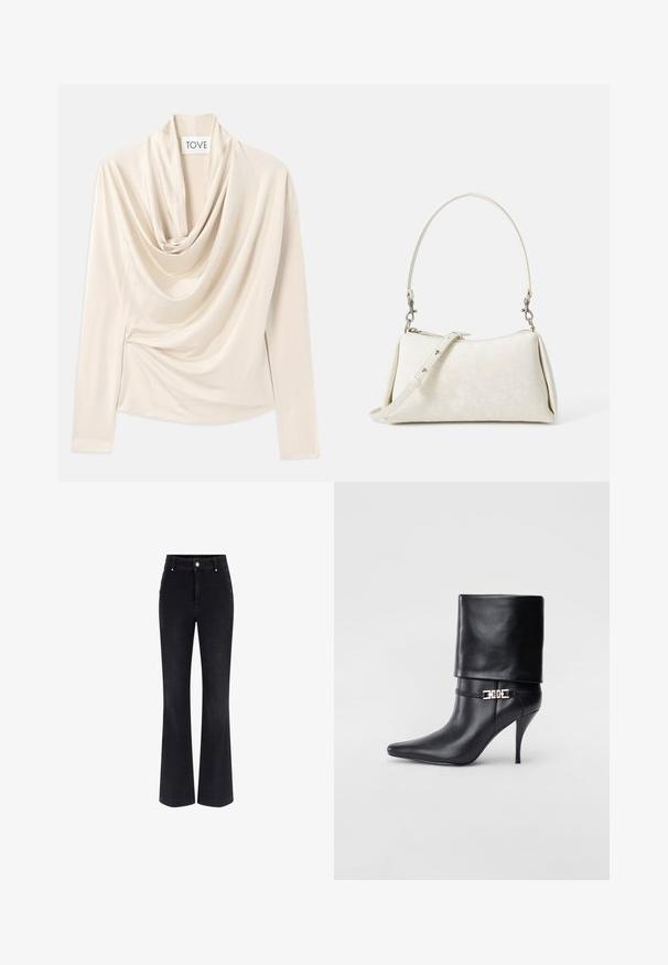 Bež bluza s dugim rukavima, dizajnom s volanom oko vrata i mekanom, glatkom teksturom. Zategnuta u struku s diskretnim naboranim detaljima.; Crne traperice s širokim nogavicama koje imaju visoki struk, dizajn s pet džepova i metalne gumbe sa strane. Glatka tekstura i klasični kroj.; Crna kožna gležnjača s šiljastim prstom, visokim stiletto potplatom, preklopnim rubom i zlatnom dekorativnom kopčom na gležnju.; Bijela torba s glatkom teksturom, zakrivljenim siluetom i podesivom naramenicom. Sadrži suptilni uzorak s logotipom i akcentima od srebrne boje.