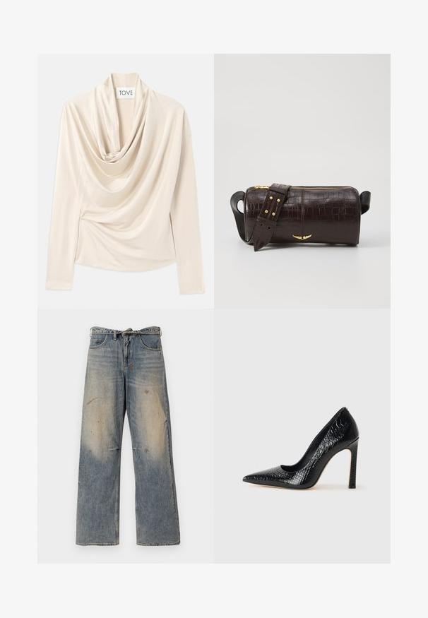 Kreminės spalvos palaidinė ilgomis rankovėmis, su gaubtu ir minkšta, lygi textura. Prisegta ties juosmeniu su subtiliais susiraukšlėjimais.; Šviesiai mėlynos džinsinės kelnės su laisvu, tiesiu kojų kirpimu. Su įbrėžimais, nudilimu ir suplėšytais elementais šalia kelių. Klasikinis penkių kišenių stilius.; Juoda smailiakulnė aukšto kulno bateliai su krokodilo odos tekstūra, pasižymintys elegantišku dizainu, aukštu stiletu kulnu ir lygia juoda vidine dalimi.; Ruda krokodilo odspaudo odinė rankinė cilindro formos, su auksinėmis detalėmis ir nuimamu dirželiu, papuoštu studelėmis.