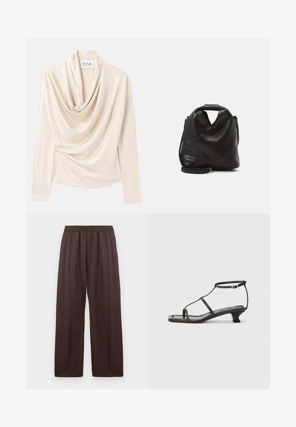 Beige top met lange mouwen, ontwerp met een kraag en een zachte, gladde textuur. Vastgezet in de taille met subtiele geplooide details.; Bruine wijde broek met elastische tailleband en subtiele plooien aan de voorkant, plat weergegeven op een witte achtergrond.; Zwarte leren sandaal met een vierkante neus, dunne banden, een verstelbare enkelriem en een lage hak. Heeft een kleine gouden accent op de band.; Zwarte, zachte leren tas met een unieke gedraaide vorm. Voorzien van een korte handgreep en een afneembare schouderriem. Minimalistische stijl.