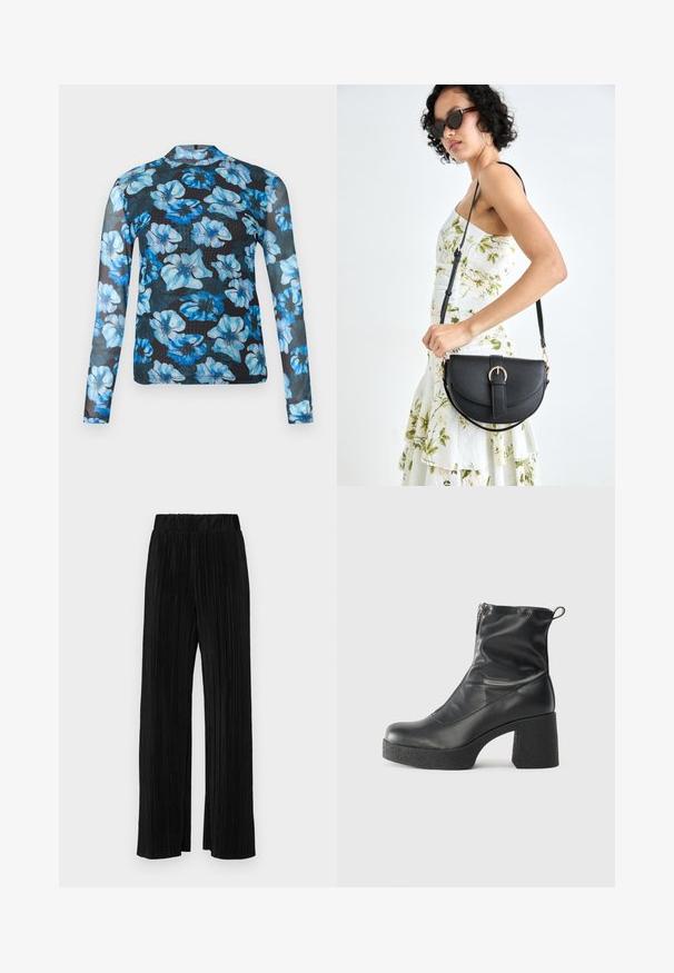 Ilgas rankovėmis viršus iš permatomos juodos medžiagos, puoštas mėlynais gėlių raštais. Dizainas turi atvirą apvalią iškirptę ir prigludusias rankoves.; Juodi plisuoti kelnės su elastine juosta. Turėkite plačias kojas ir glotnų, tekstūrinį audinį su vertikaliais dryžiais.; Juodos kulkšninių botai, pagaminti iš lygaus odos, su šoniniu užtrauktuku, masyviu tekstūruotu kulnu ir apvaliu pirštu.; Juodas odinis krepšys su išlenkta forma, nuimamu dirželiu ir auksiniais detalėmis. Krepšys turi kilpą su sagtimi.