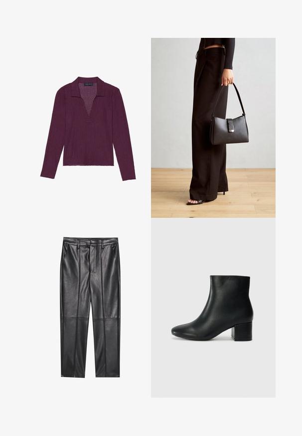 Długi rękaw, głęboki dekolt w kształcie litery V w ciemnofioletowym kolorze z żebrowanym teksturą i kołnierzykiem. Posiada dopasowany krój i lekki stretch.; Czarne skórzane spodnie o gładkiej fakturze, z prostym krojem, dwoma przednimi kieszeniami i widocznymi szwami.; Czarne skórzane botki za kostkę z ostrym noskiem i masywnym obcasem. Gładka tekstura z minimalnymi akcentami i elegancki, dopasowany fason.; Czarna torebka o usztywnionym kształcie, gładkiej fakturze i metalowym zapięciem. Połączona z szerokimi czarnymi spodniami i sandałami na otwartym palcu na drewnianej podłodze.